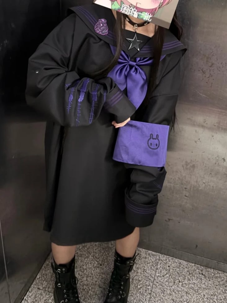 with Bunny Colors Style Landmine Embroidery in Collar 4 Sailor Sleeve Top Long Scar