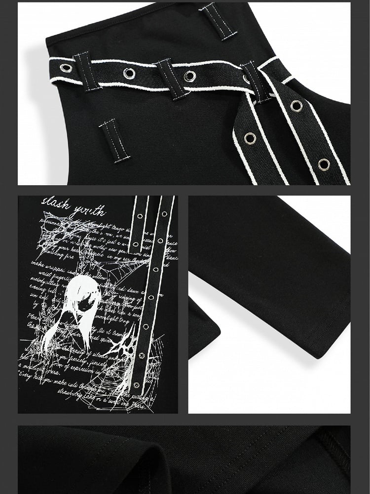 自来系 ブラック/ホワイト マンガ ガール ストラップ ディテール ハイネック トップ