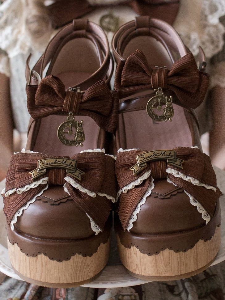 Round Dark - Charm Accents Bow Clock Sweet Platforms Lolita Toe Brown