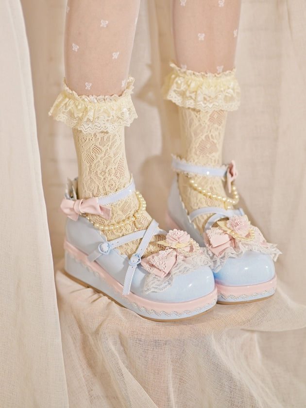 Blue Design With Lace Beaded Top Heart Platforms Detachable Buckle Chain at Trim Floral Bow