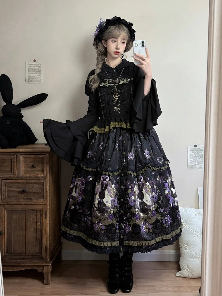 Front Placket Floral Bunny and with Jacquard Lolita Skirt Print Button