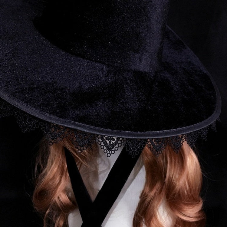 with Lace Trim Pointed Details Witch Brim Black Hat