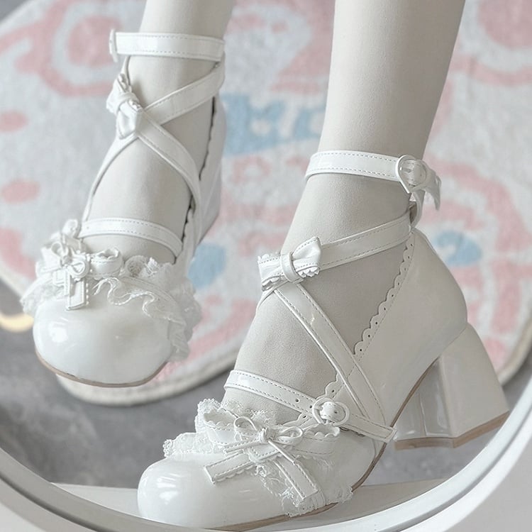 Shoes Dreamy Lace – Mid-heel White Ruffled Lolita