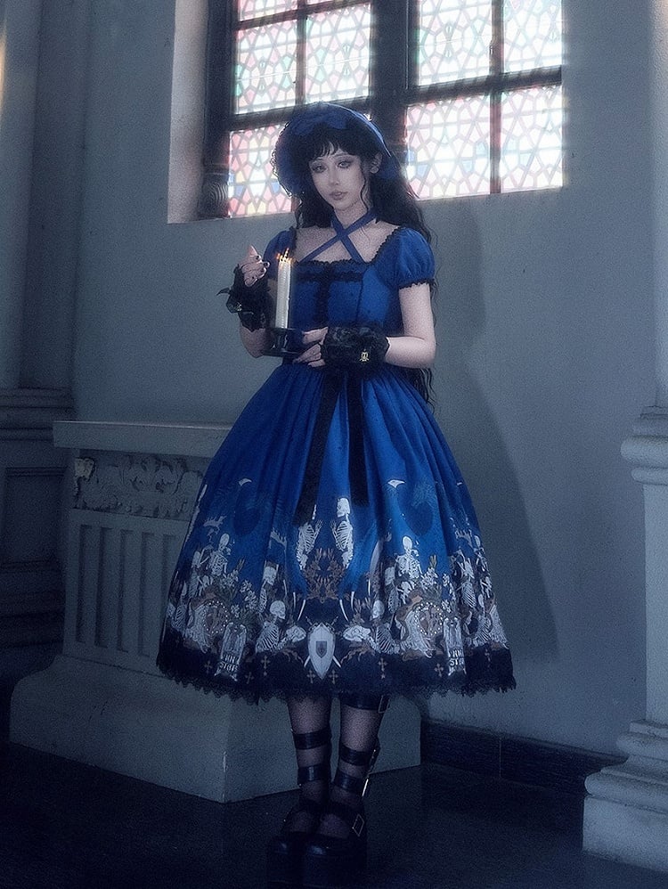 Cross Trim Black Gothic Skeleton Dress and Lace Lolita with Print Blue