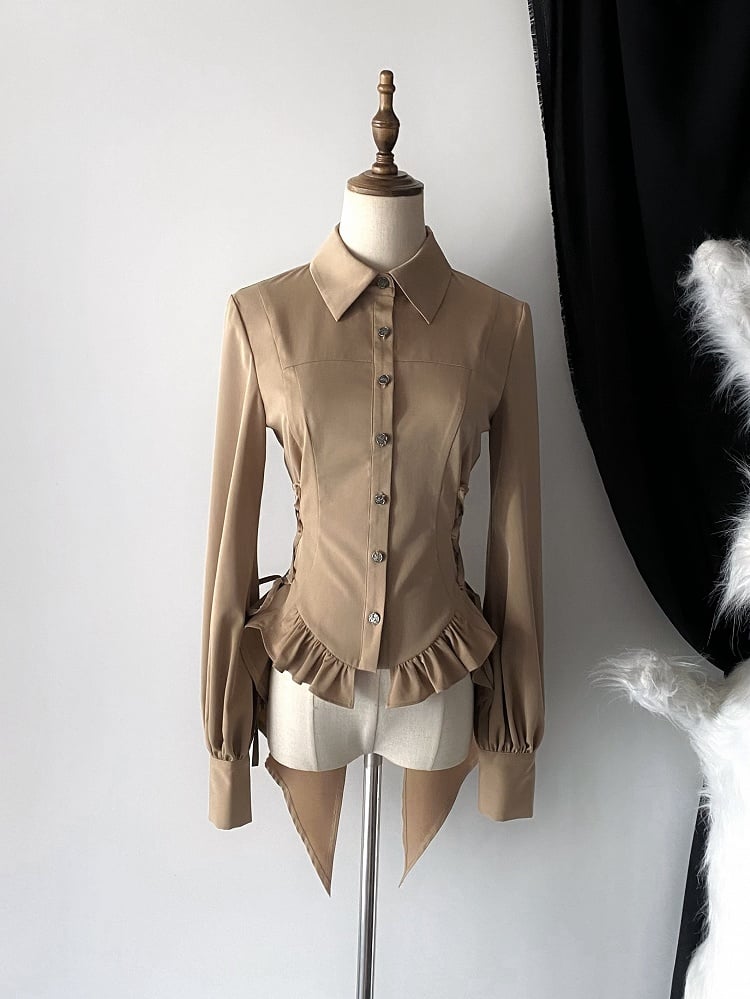 Ouji Tie Brown Long Split-Tail Shirt Brooch Sleeves Jabot Musical Note + Elegant Light Lolita