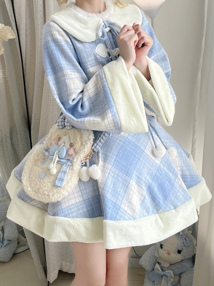 for Dress Blue Autumn and Paired with Embroidered Winter Coat Sweet Lolita Plaid Cherry