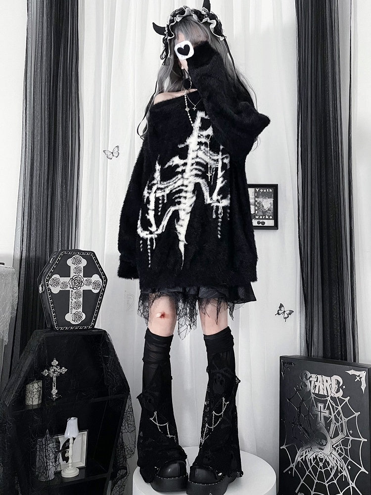 Subculture Black Print with Faux Fur Sweater One-Shoulder