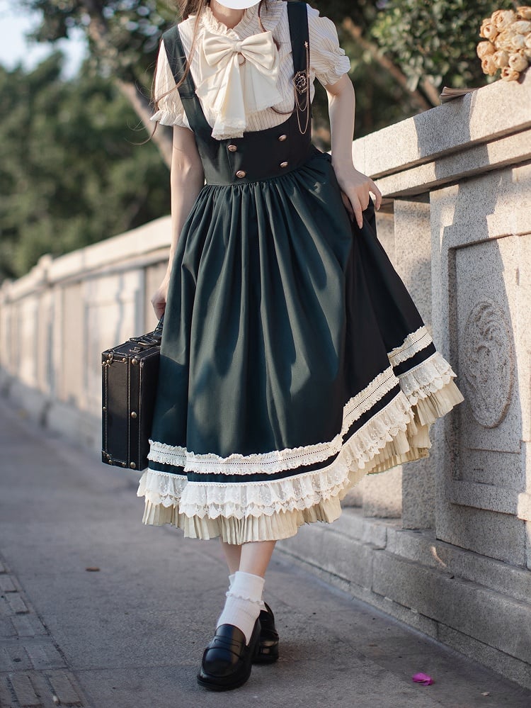 Green Overall Dress in High Waist Style Dark Preppy with Beige Lace Trim