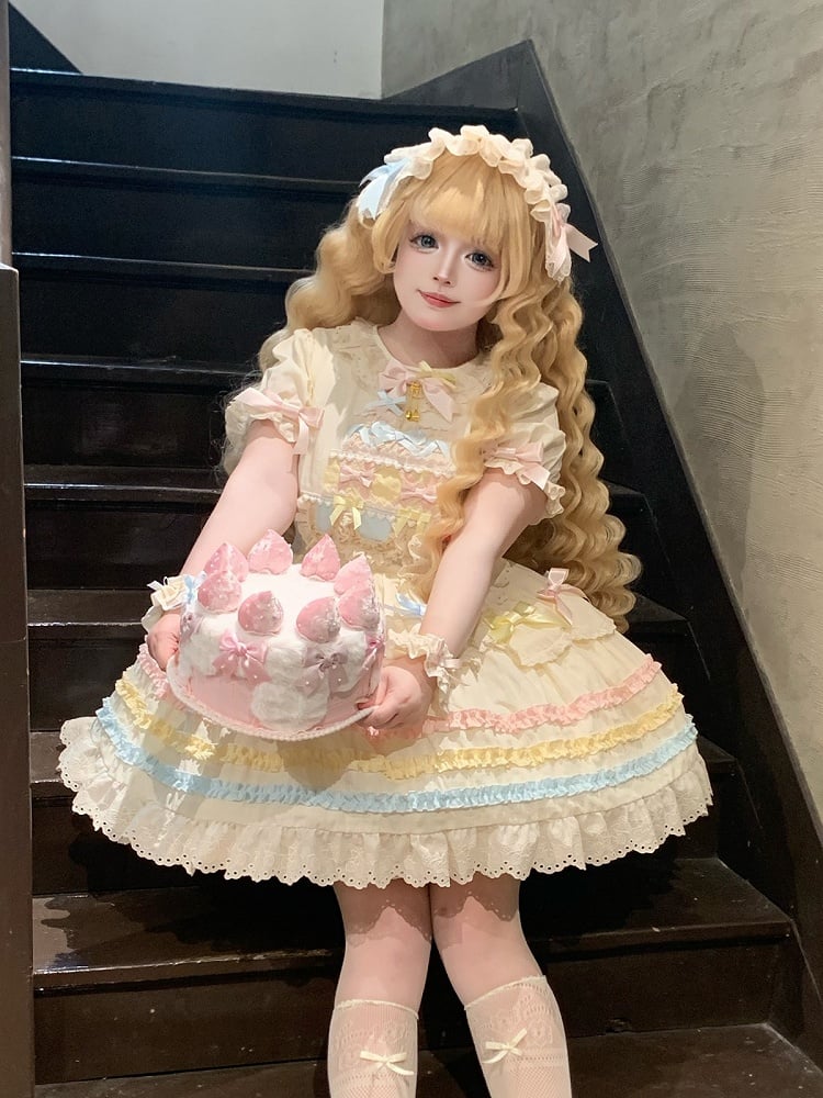 Pink Ruffle Blue Hairband Lolita Bow Accents