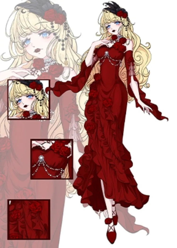 フリルスリーブのマーメイドドレス、ロゼット付きイブニングドレス(取り外し可能)、レッドバーガンディ