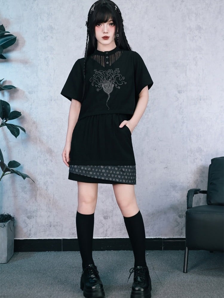 Dark Lace Patch Top with Sea Lily Stitching - Quirky Hut