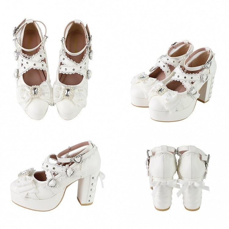 White Platform Mary Jane Shoes with Bow & Rhinestone - Sheep Puff