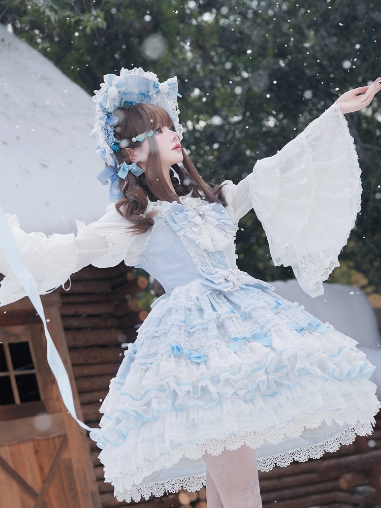 Jumper with Layered Blue Hime Bows Detachable Dress Lolita Hanayome Skirt