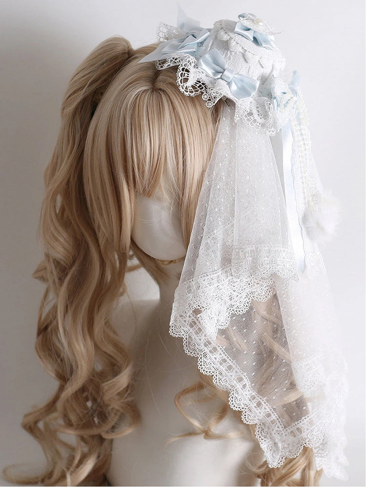 Lace Style) Hat Veil with Soft Layered Sheer Sweet White (Elegant Mini Blue