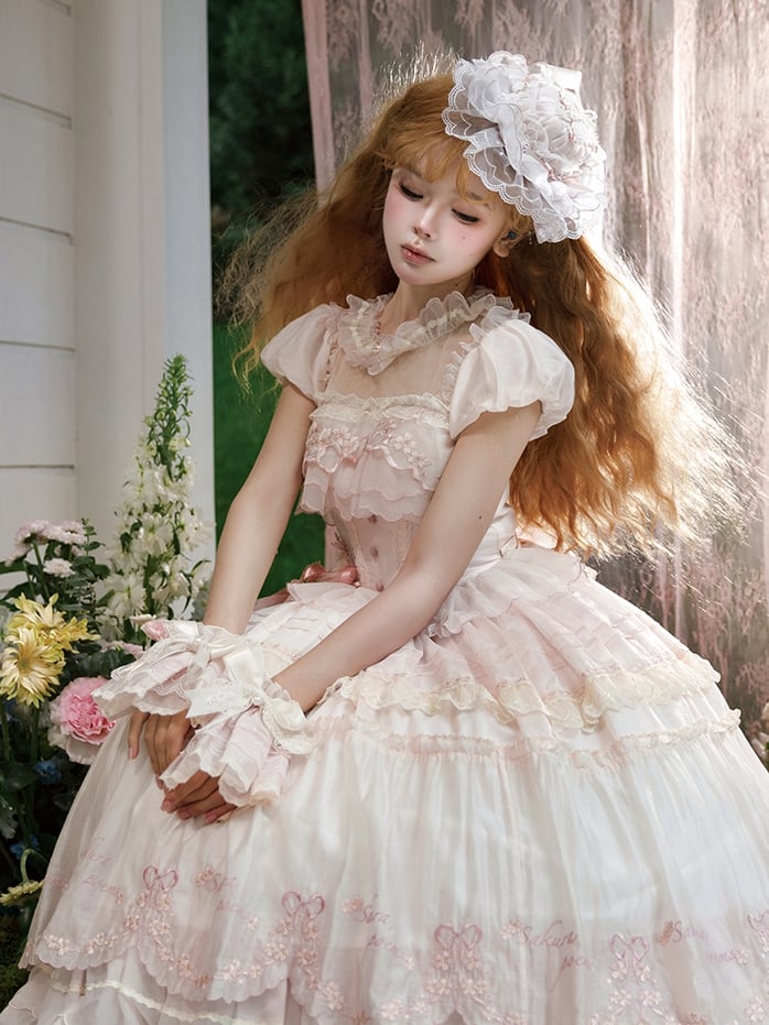 Stickerei kurzes rosa Kleid Mini Blossom zarte Ärmel Kirsche Lolita Prinzessin