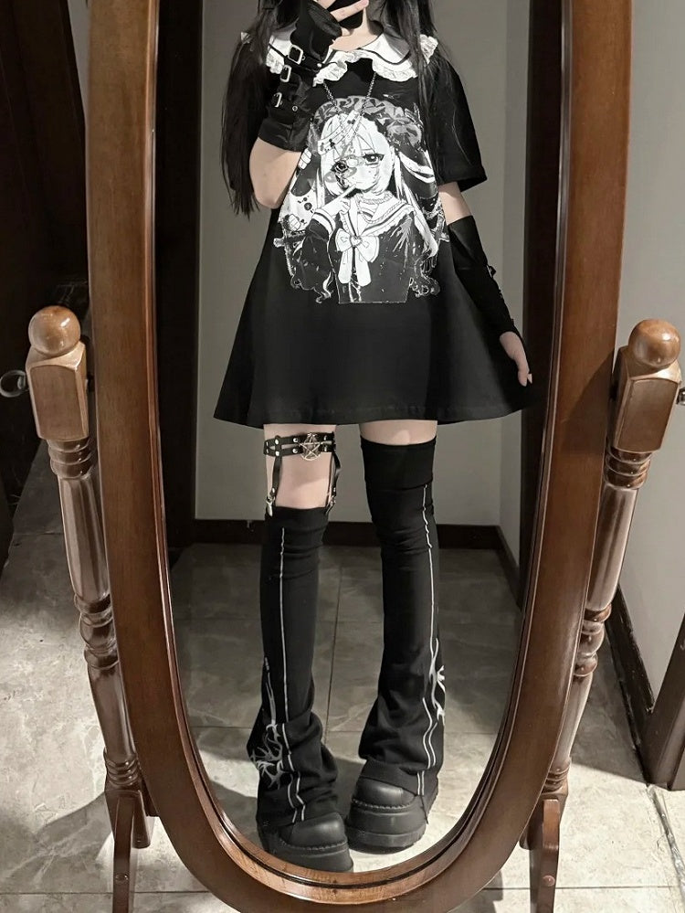 Pan Jirai Kei T-shirt Collar Black Anime Girl Print Peter