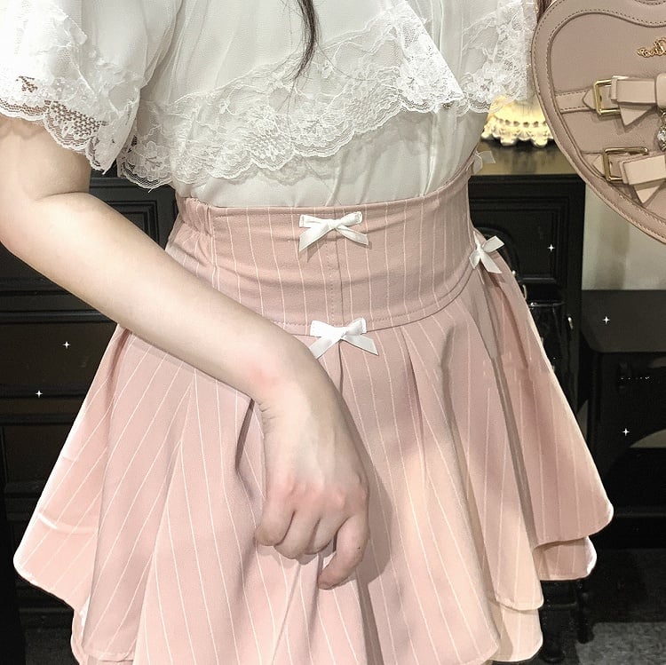 リボンディテール ティアードストライプスカート ジライケイ ブラック/ピンク/ブルー