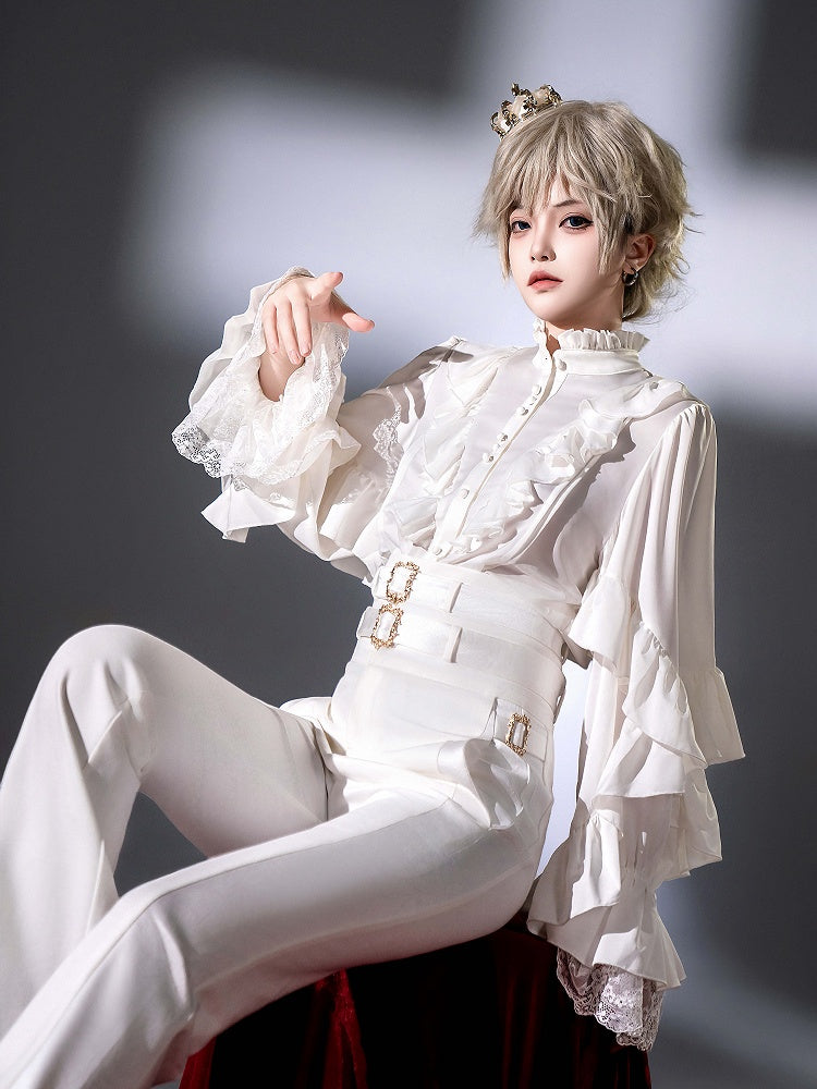 White Ruffle Neck Prince Ouji Long Sleeve Shirt - Every Page of Poetry