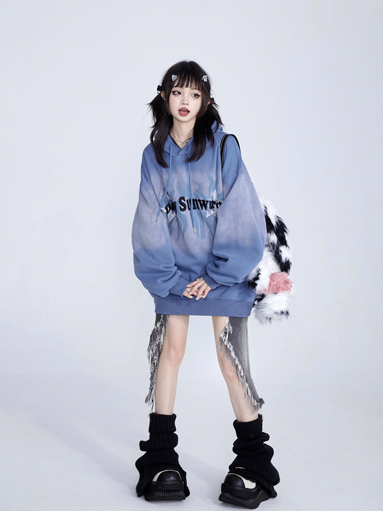 Retro Vintage Hoodie Blue Embroidery with Hood Gradient Fall Drawstring Star Lettering