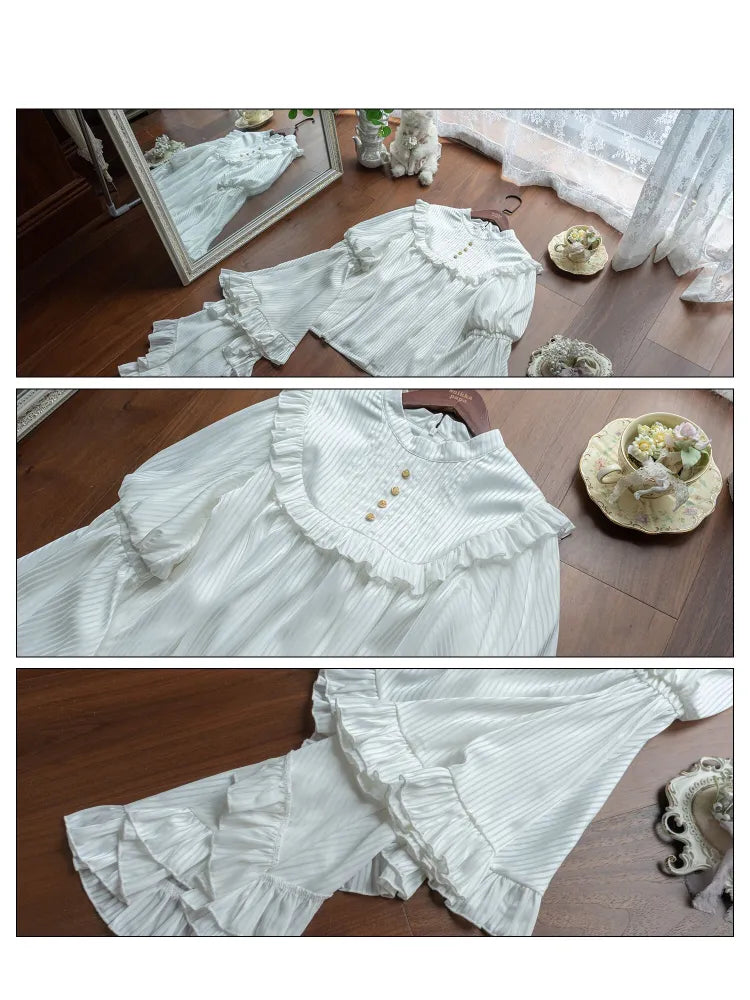 Flounce Bell Sleeves White Blouse Trim Gothic