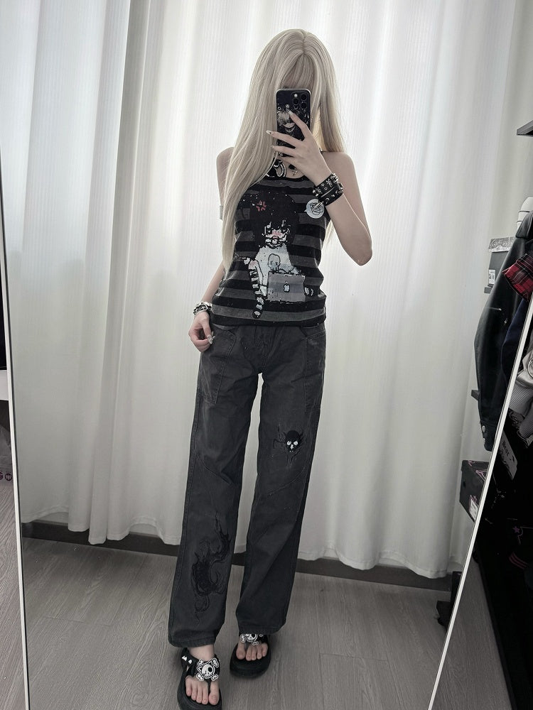 Straight-leg Pants with Skeleton Pattern Y2K Gray