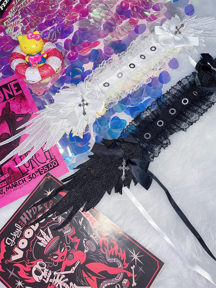 Black/White Cross Wing Lace Trim Gothic Lolita Hairband