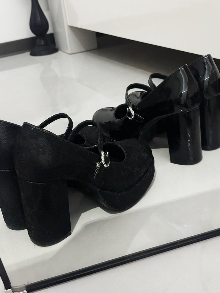 Gothic Lace Floral Mary Jane Shoes - Black Cat Macket