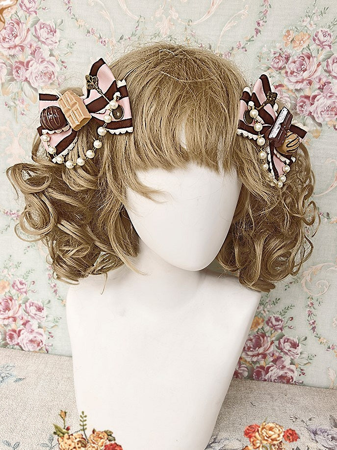 Green Sweet Lolita Chocolate-themed with Bead Chain Hairclips Pink/Mint