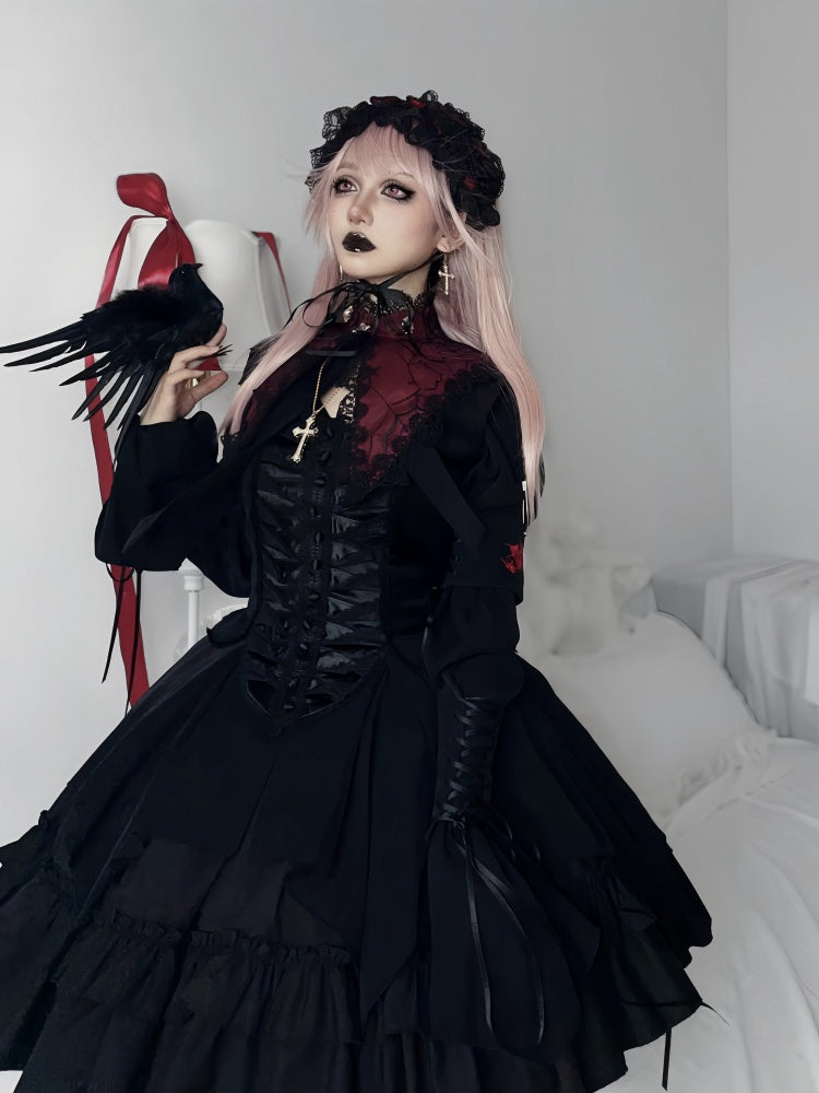 Roter Gothic Lolita Spitzkragen mit Kreuzkettenverzierung