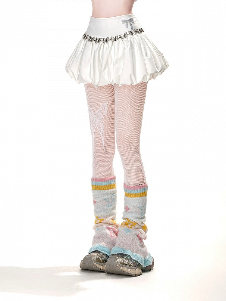 リボン結びのホワイトAラインラインストーンエレガントバブルスカート