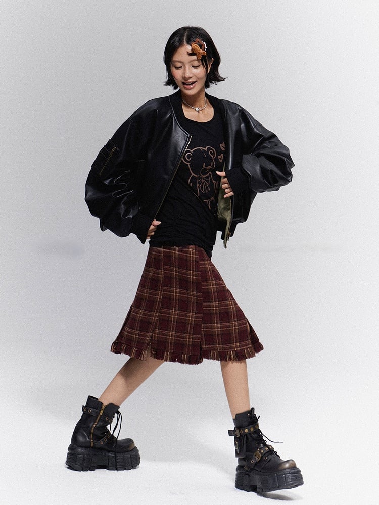 Raw Plaid Hem with Vintage Prep Brown-Red Skirt