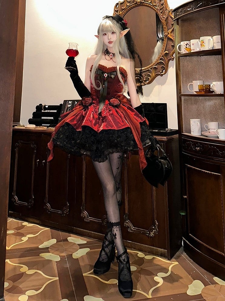 Lolita Bouquet Strapless Boned Red Gothic Hem with Black Rose Dress