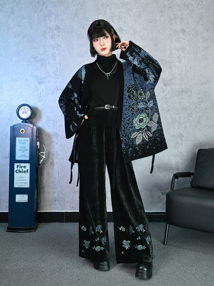 Wide-Leg Cheongsam Floral Gothic Bird Black Embroidery Chenille with Pants