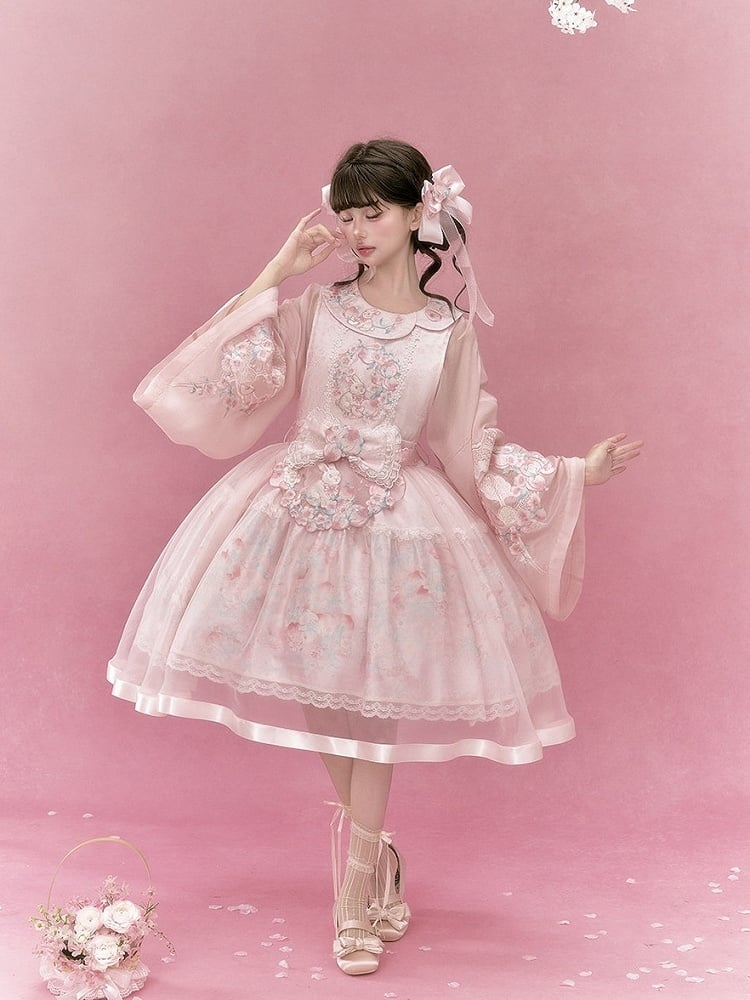 Chinoiserie Pink Lolita Bell-Sleeve Embroidery Top - Yimu Walnut