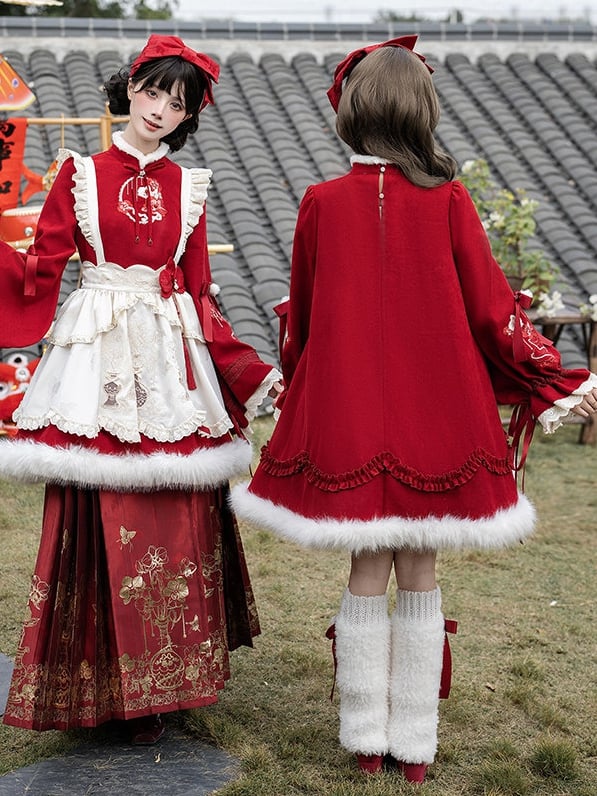 Lolita Plush Neckline Butterfly Orchid and Han White Red with Embroidery Hemline Dress