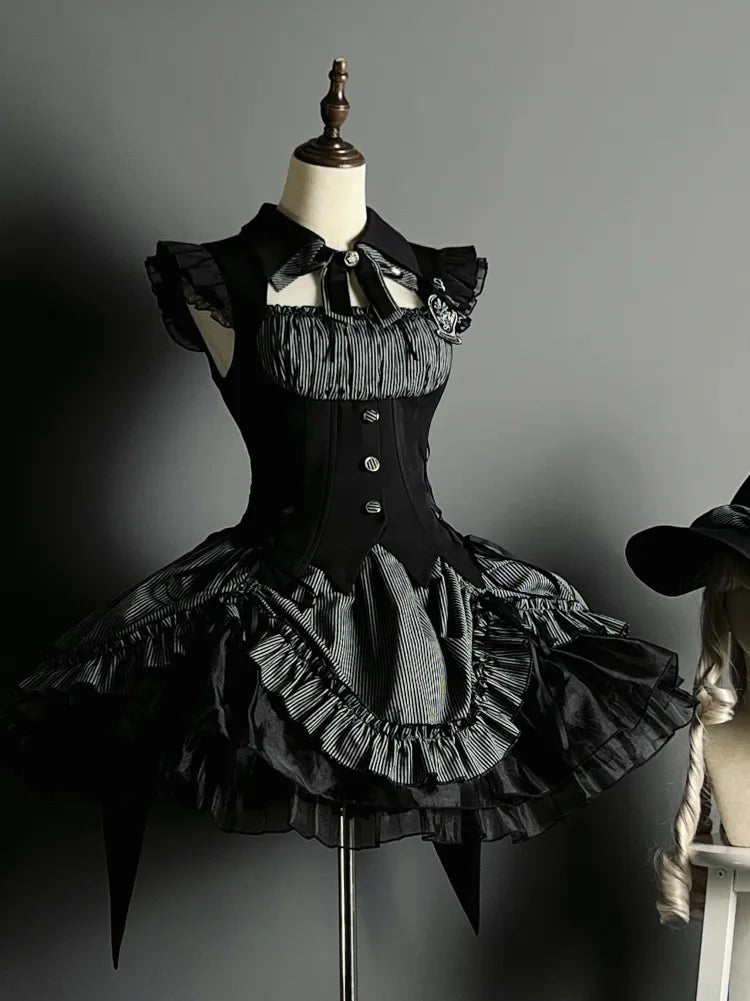 Gray and Black Boned Waist Drawstring Striped Pattern Hem Halloween Gothic Lolita Dress