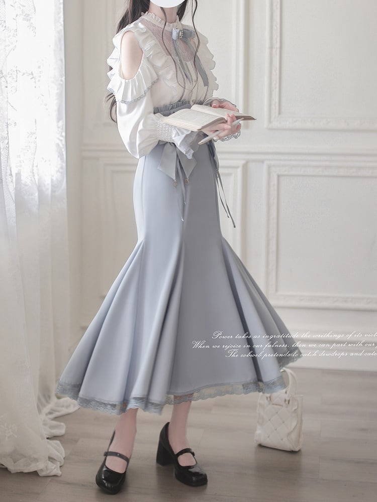 Kei Illusion Blouse Jirai Long Lace Cutout - Blue Shoulder White Sleeve Trim Top Neckline