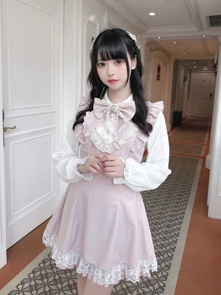 Ryousangata Pink Lace Long Sleeve Dress & Shorts Bow Set - Ekomi