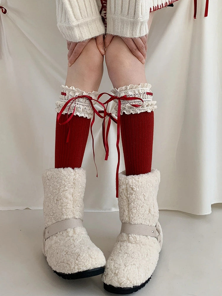 Lace Knit Stockings Ribbed Ruffle with Red