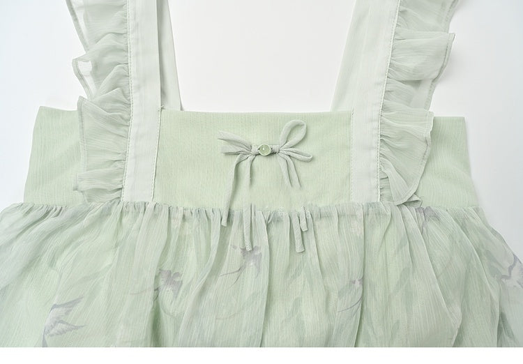 Grüne Flatterärmel mit Schwalben-Cheongsam-Print