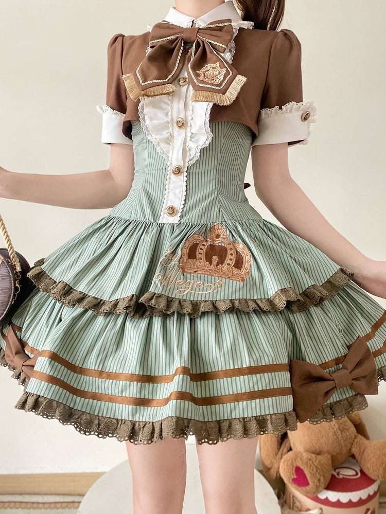 Green and Brown Preppy Striped Two-Piece Gown with Crown Embroidery - Fairy Faith
