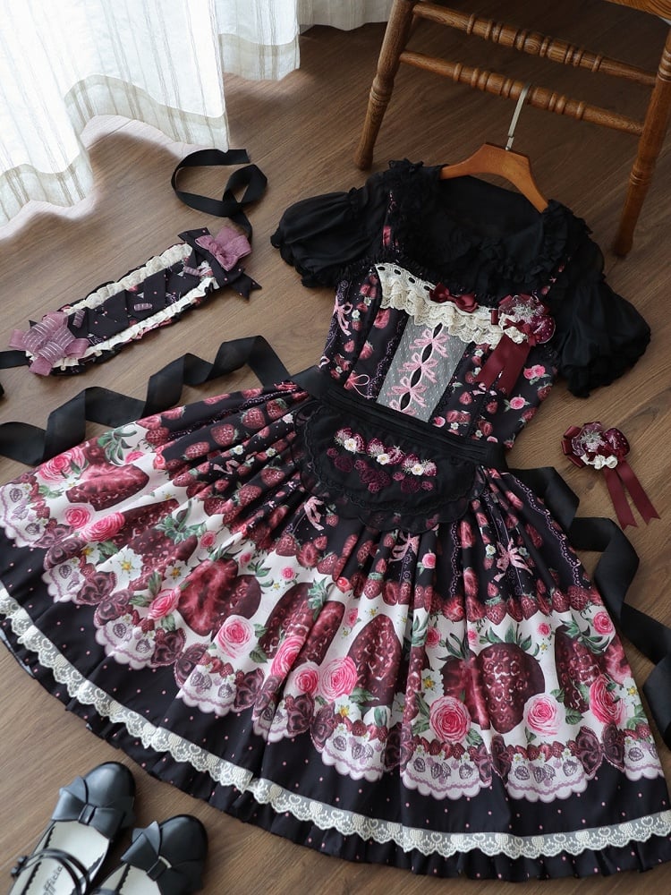 Floral Strawberry Rose Print Black Puff Sleeve JSK