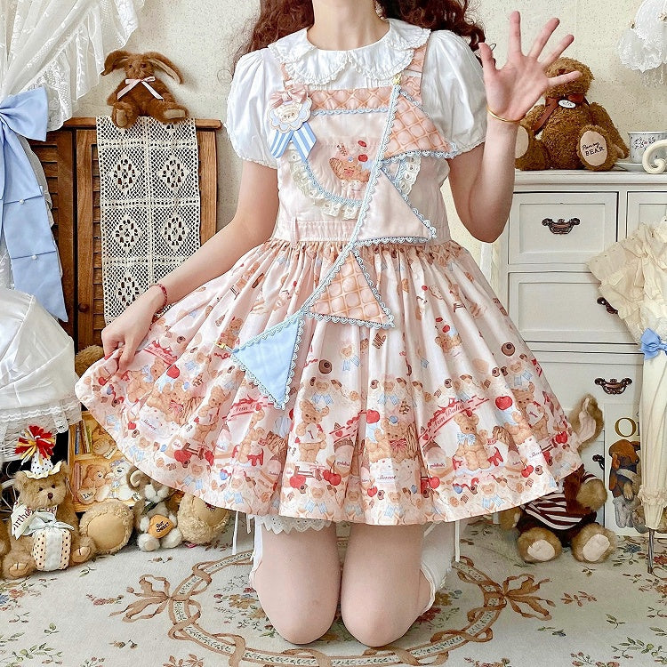 Beiges süßes Lolita-Overallkleid mit Teddybär und Dessert