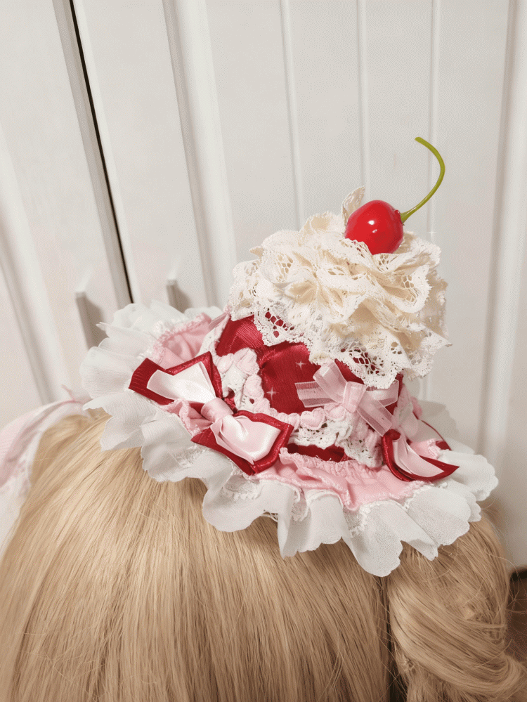 Pink Mini Lace Veil Cherry Lolita with Hat Red Cake