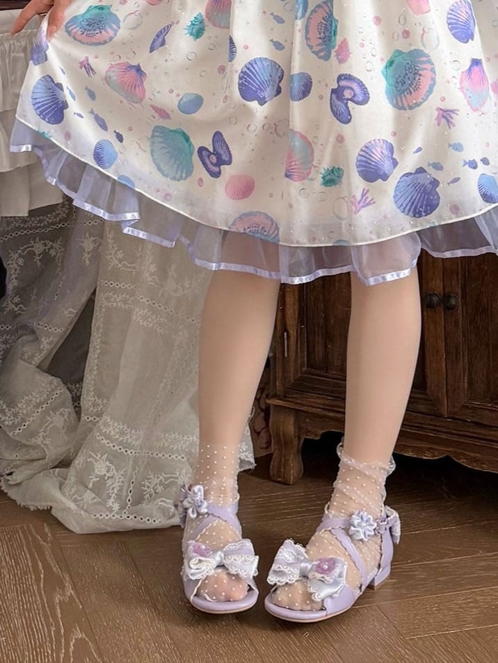 Lilac Bow Flower Lace Trim Lolita Sandals with Buckle - Sheep Puff