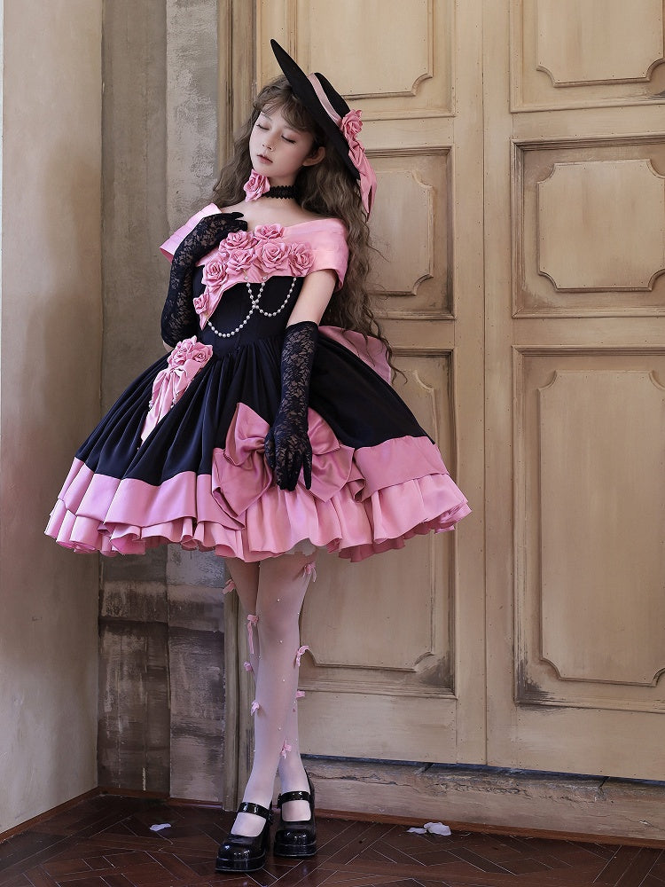 Pink Black Off-Shoulder Boned Lolita Gown - Treasure Box Factory