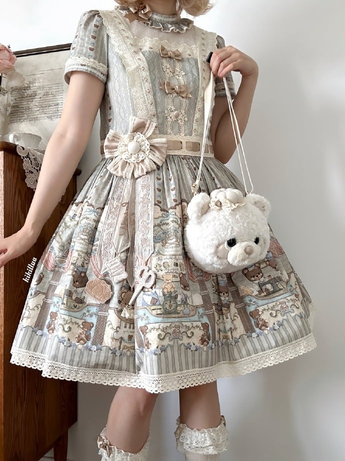 Theme Ruffle Bear Lolita Waist Neckline Green Dropped Dress Sweet