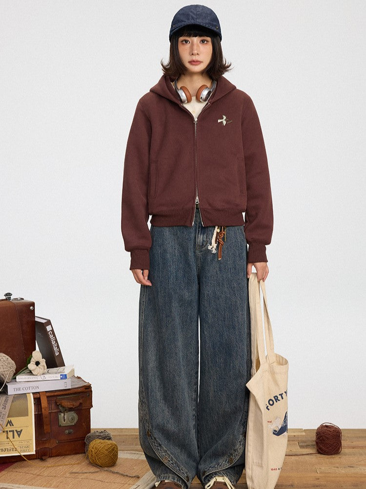 Vintage Red Double-Pull Wine Hoodie Zipper Placket