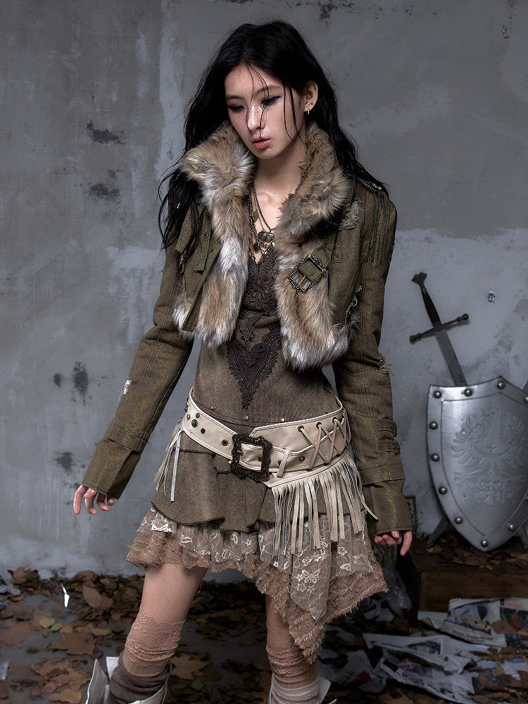 Buckle Punk Denim with Fur Crop Street Green Straps Faux Vintage Collar Jacket
