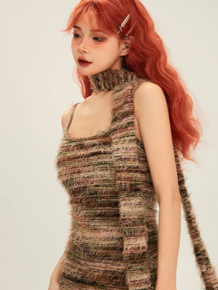 Matching Pink Scarf Dress Winter Fall Knit Slip for with Green Striped